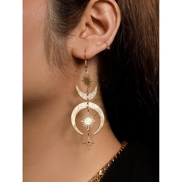 Gothic Boho Sun Moon Star Dangle Earrings Copper Gold Womens Jewelry - Picture 3 of 6